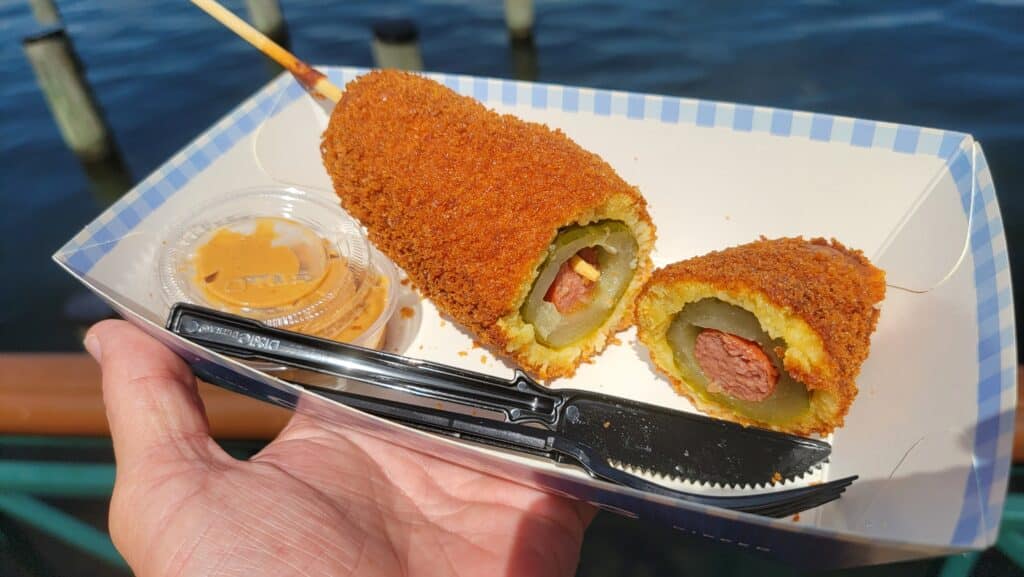 The First Pickle Corn Dog from Blue Ribbon Corn Dogs Sold at Disney World's Boardwalk